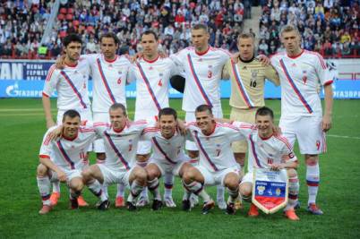 Russia's football team players pose befo