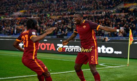 ROME, ITALY - JANUARY 09:  Antonio Rudiger of AS Roma celebrates after scoring a goal with Gervinho during the Serie A match between AS Roma and AC Milan at Stadio Olimpico on January 9, 2016 in Rome, Italy.  (Photo by Luciano Rossi/AS Roma via Getty Images)