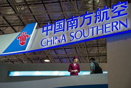 A booth of China Southern Airlines is pictured at the Airshow China 2014 in Zhuhai, in southern China's Guangdong province on November 13, 2014.  The 10th Airshow China takes place from November 11 to 16.     AFP PHOTO / JOHANNES EISELE        (Photo credit should read JOHANNES EISELE/AFP/Getty Images)