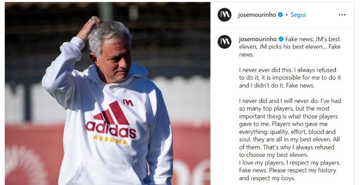 Mourinho smentisce l'annuncio ufficiale: "Fake news"